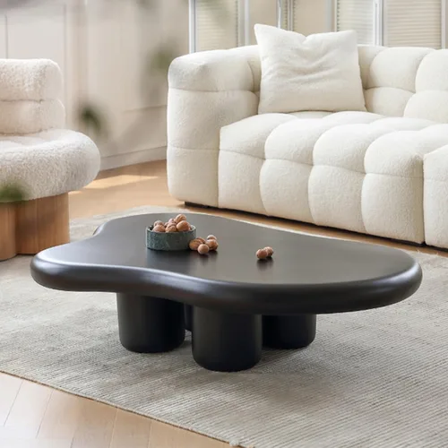 Vista 6 de Cloud - Mesa auxiliar moderna color blanco crema para sala de estar, bonita mesa auxiliar irregular para interiores con 4 patas