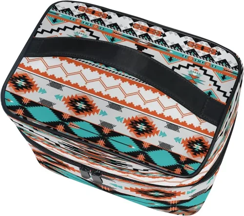 Vista 3 de AUUXVA Bolsa de cosméticos de viaje, bolsa de maquillaje étnica geométrica Chevron azteca, organizador grande, bolsa de aseo portátil, bolsa