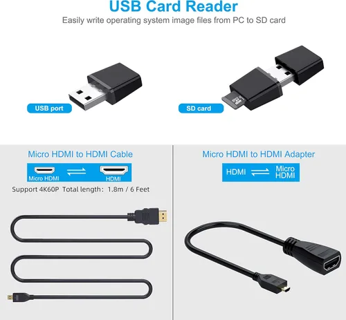 Vista 5 de Miuzei Funda para Raspberry Pi 4 con ventilador, fuente de alimentación USB-C, cable micro HDMI, adaptador HDMI, disipadores de calor de aluminio