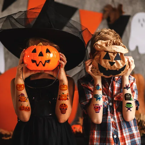 Vista 6 de Smilinfit Tatuajes temporales de Halloween para niños, recuerdos de fiesta de Halloween, hojas envueltas individualmente, suministros de decoración