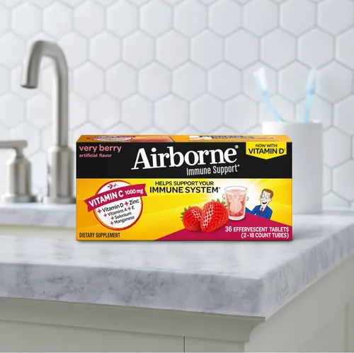 Vista 16 de Vitamina C 1000 mg (por porción), tabletas efervescentes Airborne Very Berry (36 unidades en una caja), suplemento de apoyo inmunológico sin gluten