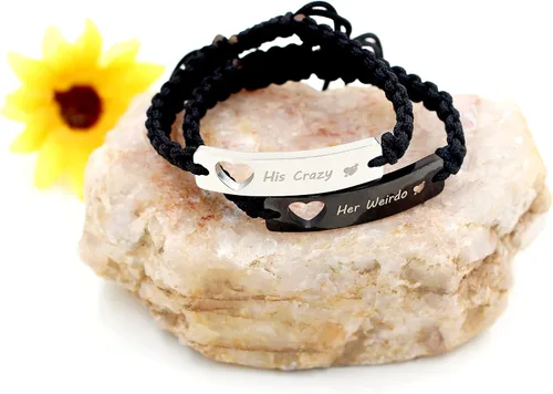 Vista 4 de 1 par de pulseras trenzadas Hademade para parejas, pulseras para hombres y mujeres grabadas con "I Love You 3000, God Gave Me You, His Crazy Her