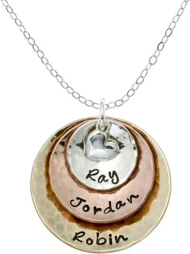 Vista 10 de My Three Treasures - Collar con dije personalizado con discos chapados en plata 925, oro y oro rosa. Personalizado con cualquier palabra o nombre