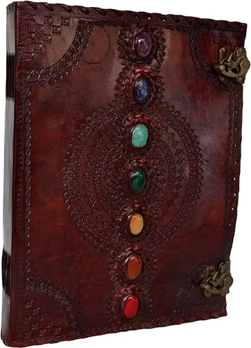 Vista 2 de Diario de piel Siete Chakras piedra medieval en relieve hecho a mano, libro de las sombras, cuaderno de oficina y otros usos, de 10 x 13 pulgadas