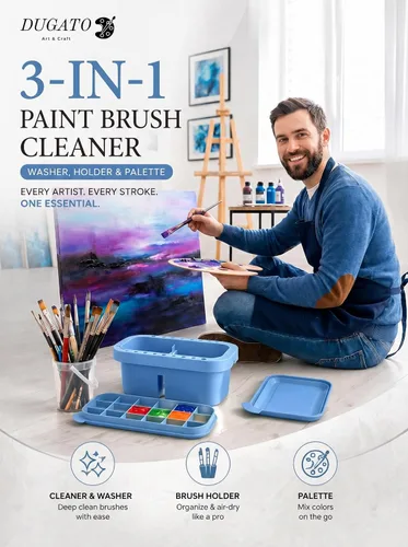 Vista 7 de DUGATO Limpiador de pinceles, lavadora, soporte y paleta 3 en 1, lavabo para artistas con tapa y esponjas para acrílico, acuarela, pintura al óleo