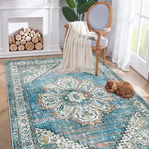 Vista 29 de Alfombra lavable para entrada de 2x3 pies - Alfombra pequeña de entrada vintage desgastada oriental antideslizante que no suelta pelusa, suave