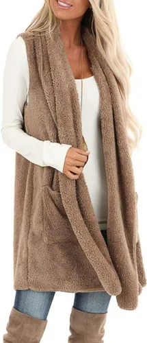 Vista 2 de ReachMe Chaleco de sherpa sin mangas para mujer con bolsillos con solapa frontal abierto de forro polar, suéter mullido