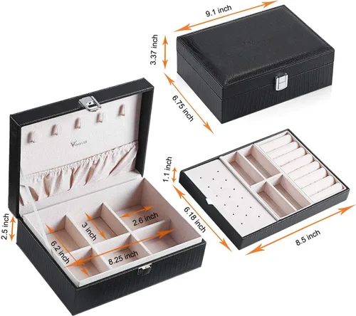 Vista 6 de Voova - Joyero organizador para mujeres y niñas 2 capas de almacenamiento de joyas grandes para hombres soporte para joyas de piel sintética