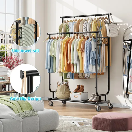 Vista 5 de Estante para ropa Ekisemio con capacidad de carga de 450LBS, estante resistente para ropa con ruedas, estantes enrollables para colgar ropa