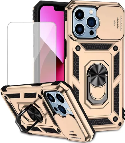 Vista 9 de Funda para iPhone 13 Pro Max de 6.7 pulgadas con protector de pantalla de vidrio templado y cubierta para cámara deslizante, anillo magnético Azul