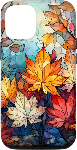 Vista 27 de iPhone 15 Otoño hojas de arce vitrales estilo abstracto caso