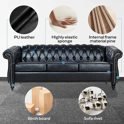 Vista 6 de Chesterfield Sofás para sala de estar, brazo enrollado negro de 3 plazas, cuero sintético de 84 pulgadas, sofá grande con botón profundo con cabeza