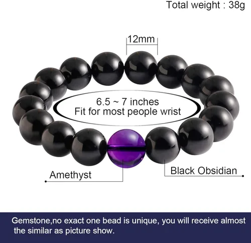 Vista 4 de Jewever Pulsera de obsidiana negra con ojo de tigre para hombre y mujer, cristal curativo elástico, cuentas de 0.472in, unisex, 7.0in