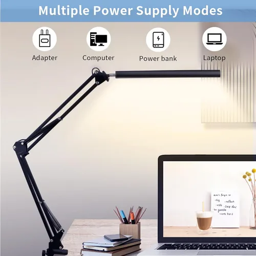Vista 2 de Lámpara de escritorio LED con abrazadera, luz de escritorio con abrazadera, lámpara de brazo oscilante incluye 3 modos de color y 10 brillo
