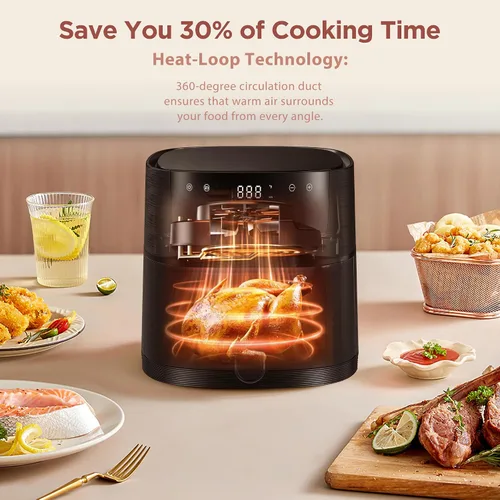 Vista 3 de Freidora de aire 8 en 1 con capacidad de 6.3 cuartos de galón y ventanas de fácil visión, máximo 400 °F, 95% menos de aceite, más de 100 recetas