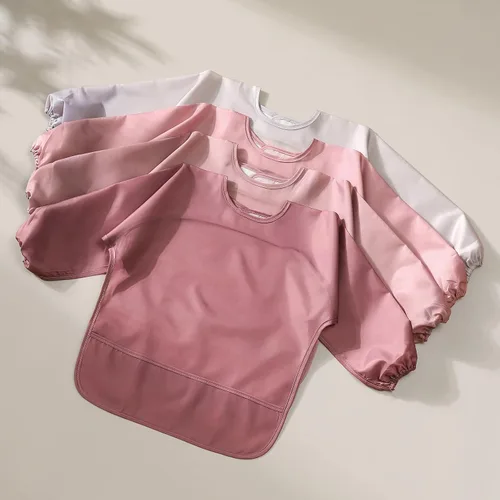 Vista 7 de POIKSHARK Paquete de 4 baberos de manga larga, bata impermeable para bebés de 6 a 30 meses, babero reutilizable con bolsillo para llevar, color rosa