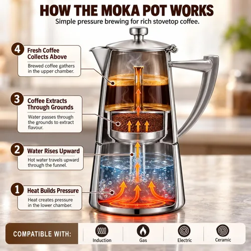 Vista 6 de CUISINOX Roma - Máquina de café expreso de acero inoxidable satinado para estufa, 6 tazas 18/10 stainless steel moka pot with 6-cup capacity