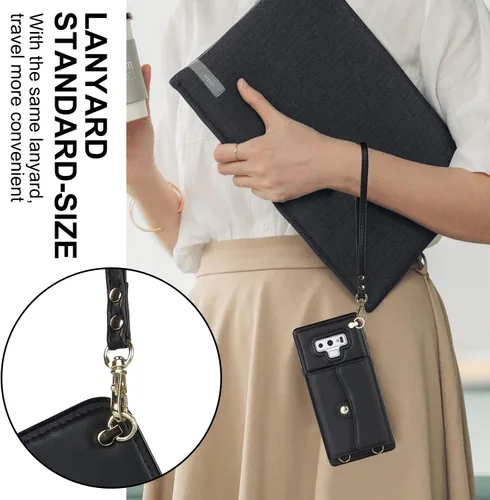 Vista 5 de Asuwish Funda de teléfono para Samsung Galaxy Note 9 con bloqueo RFID, tarjetero para tarjetas de crédito, correa cruzada de muñeca, soporte