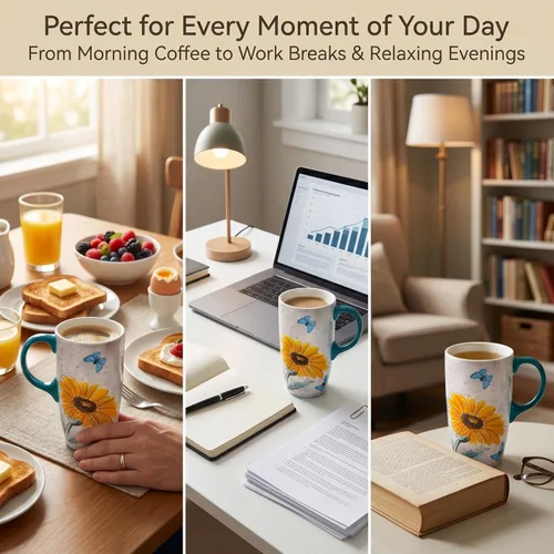 Vista 3 de Taza de café de cerámica de 17 onzas con tapa, taza de viaje de porcelana floral de margarita, taza de café alta con asa, apta para microondas