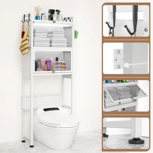 Vista 3 de ZZL Gabinete de almacenamiento sobre el inodoro, 3 niveles, organizador de inodoro de baño, impermeable, diseño de puerta de gabinete, ahorro