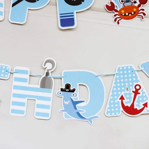 Vista 5 de Cartel de cumpleaños de pirata, decoraciones de fiesta para niños, suministros de fiesta temática pirata, pancarta de baby shower para niños 1, 2