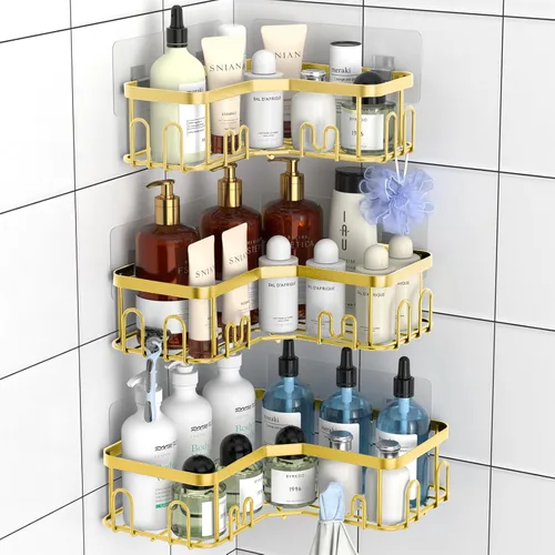 Vista 13 de Menbyci Organizador de ducha negro esquinero para baño, accesorios organizadores de baño a prueba de óxido, cesta de ducha adhesiva, estante