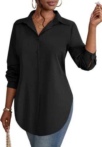 Vista 27 de Rooscier Blusa larga con cuello en V para mujer, manga larga, abertura lateral, con botones
