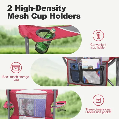 Vista 6 de LET'S CAMP Silla de campamento con respaldo de malla, portátil, plegable, resistente, soporte para exteriores, 330 libras, silla de brazo grande Rojo