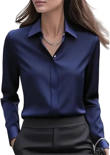 Vista 8 de Camisa de oficina de manga larga para mujer, cuello con botones, blusa formal sólida