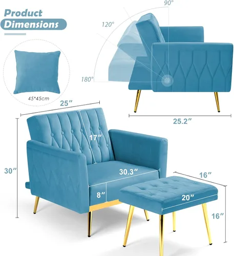 Vista 3 de Silla decorativa de terciopelo con respaldo y reposabrazos ajustables, sillón reclinable individual con otomana y patas mentales doradas para sala