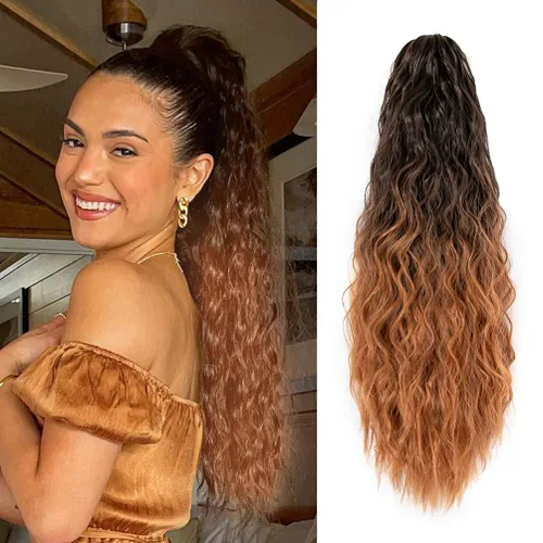 Vista 15 de YEAME Extensión de cola de caballo ondulada con clip de garra, cola de caballo de 22 pulgadas, pelo sintético castaño mezclado con rubio, cola