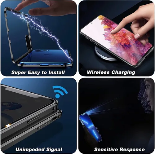 Vista 4 de Funda magnética para Huawei P30 Lite, protección completa de 360°, parachoques de metal con parte delantera y trasera, cubierta abatible de vidrio