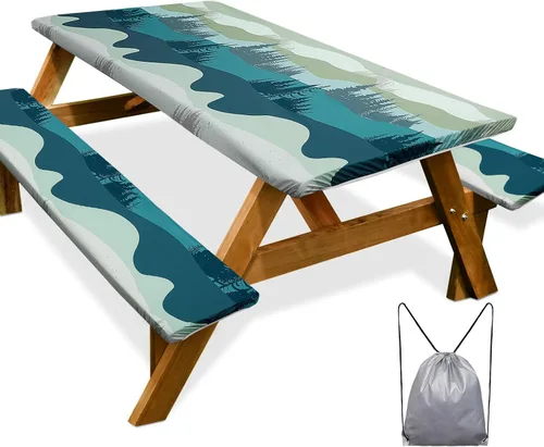 Vista 29 de Funda de mesa de picnic con fundas para bancos Esenciales de camping Mantel de picnic impermeable y a prueba de viento con bolsa de cordón, funda