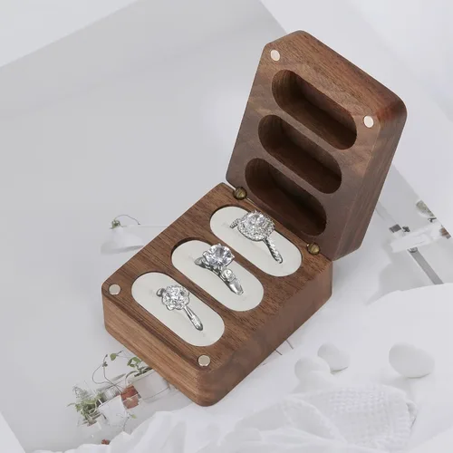 Vista 6 de LETURE Caja de terciopelo de madera con 3 ranuras, caja de madera personalizada para compromiso, boda, cumpleaños, día de San Valentín