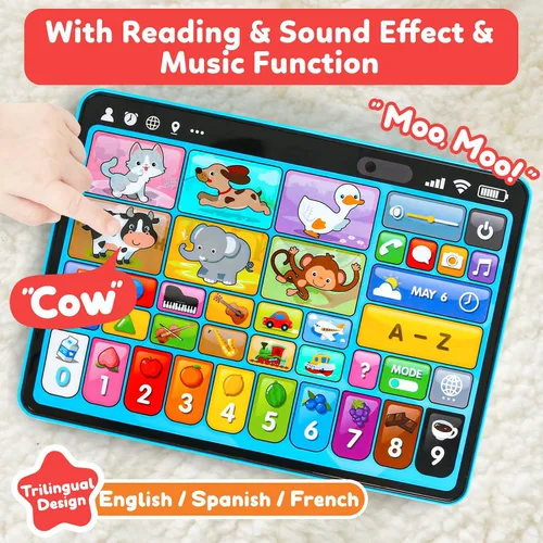 Vista 6 de Peacurh Tableta de Juguete de Aprendizaje Trilingüe con Música y Sonido, Juguetes de Terapia Musical del Habla Montessori, Regalos para Niño, Niña