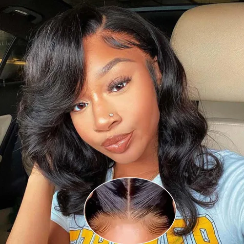 Vista 11 de Peluca Bob de Cabello Humano 4x4 Pelucas de Encaje Frontal sin Pegamento Cabello Humano Pre Arrancado Bob Corto Body Wave Pelucas de Cierre