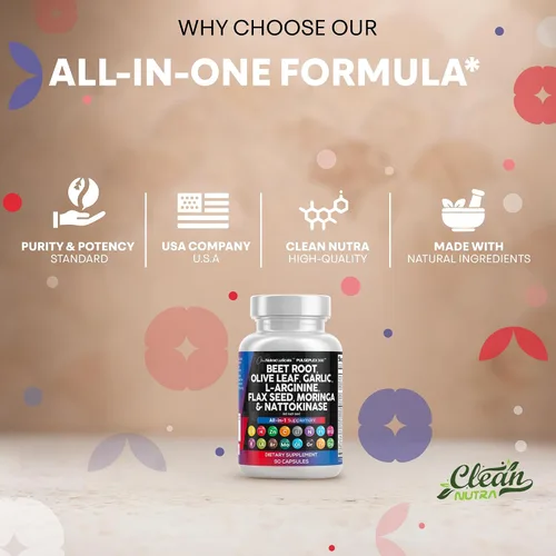 Vista 7 de Clean Nutraceuticals Cápsulas de raíz de remolacha Hoja de Olivo Nattoquinasa Extracto de ajo L-Arginina Omega 3 Levadura roja Arroz Hibiscus