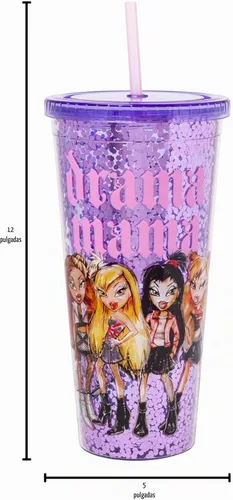 Vista 7 de Silver Buffalo Bratz Drama Mama con Cloe, Yasmin, Jade y Sasha - Vaso de plástico con confeti para bebidas frías, con tapa y popote, 32 onzas