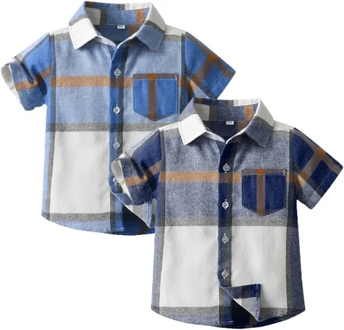 Vista 10 de Feidoog Paquete de 2 camisas a cuadros de manga corta con botones para bebés y niños pequeños Marrón+azul oscuro