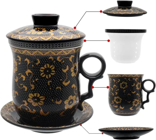 Vista 21 de Taza de té de porcelana con tapa de infusor y juegos de platillos – Taza de café de cerámica china Jingdezhen Taza de té de hoja suelta Sistema