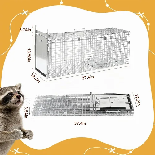 Vista 2 de Jaula de trampa para animales vivos plegable de 37" Jaula de trampa de animales para mapaches, gatos callejeros, gatos pequeños y zorros pequeños