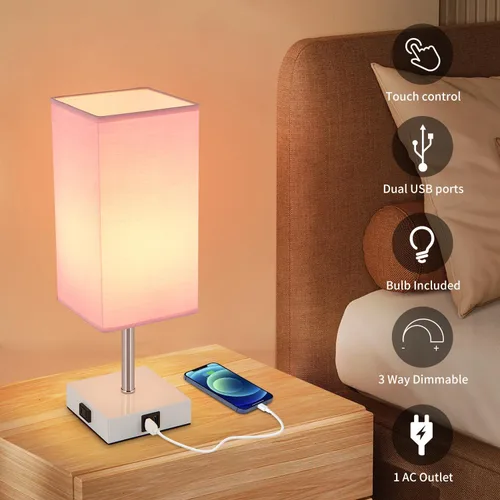 Vista 3 de Lámpara de mesa con control táctil, 3 modos regulables, puertos USB C+A y tomacorriente, lámpara de noche para decoración de dormitorio y sala