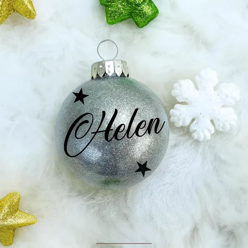 Vista 6 de Adorno de Navidad personalizado, bola de purpurina con nombre personalizado, plástico inastillable, tamaños, incluye caja de regalo, decoración