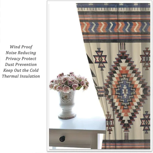 Vista 373 de Cortinas con patrón geométrico tribal, estilo suroeste, azteca, rústico, occidental, nativo americano, opacas, con bolsillo para barra, decoración