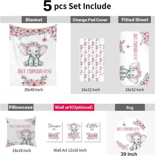 Vista 8 de Juego de ropa de cama de bebé personalizado, ropa de cama de elefante rosa para bebé, manta de bebé, sábana bajera ajustable, funda cambiadora