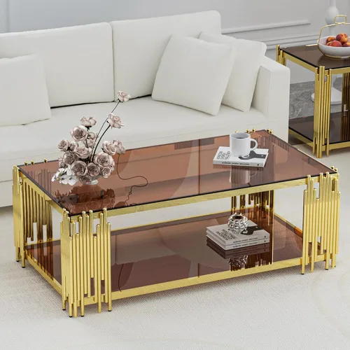 Vista 10 de Mesa de centro de cristal negro de 43 pulgadas, mesa moderna para sala de estar, acero inoxidable dorado, patas de metal, rectangular, de vidrio