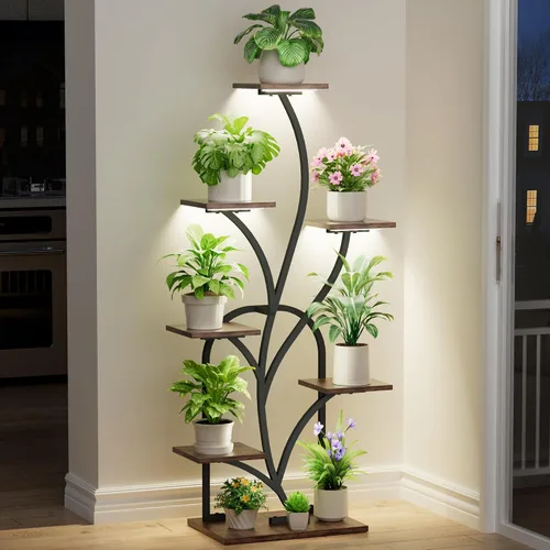 Vista 7 de Soporte para plantas de interior con luces de crecimiento, soporte para plantas de 51 pulgadas de alto, estante de esquina para plantas