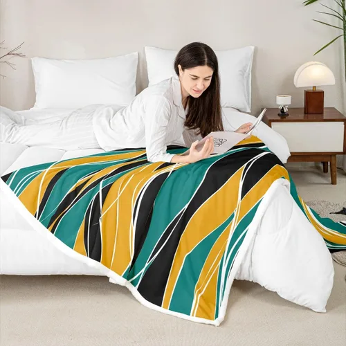 Vista 7 de Erosebridal Manta de sherpa moderna para niños y adolescentes, color naranja, verde azulado, negro, manta para silla, manta de forro polar con rayas