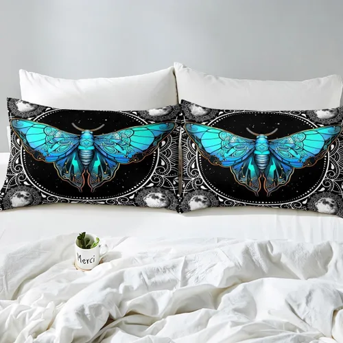 Vista 5 de Erosebridal Juego de funda de edredón de polilla azul, tamaño individual, para niños y niñas, estilo bohemio, floral, mandala, color blanco y negro