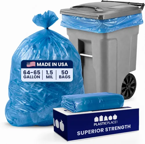 Vista 9 de Plasticplace Bolsas de reciclaje de 12-16 galones │ 1.2 mil │ Revestimientos para botes de basura azules con logotipo │ 24 x 31 pulgadas